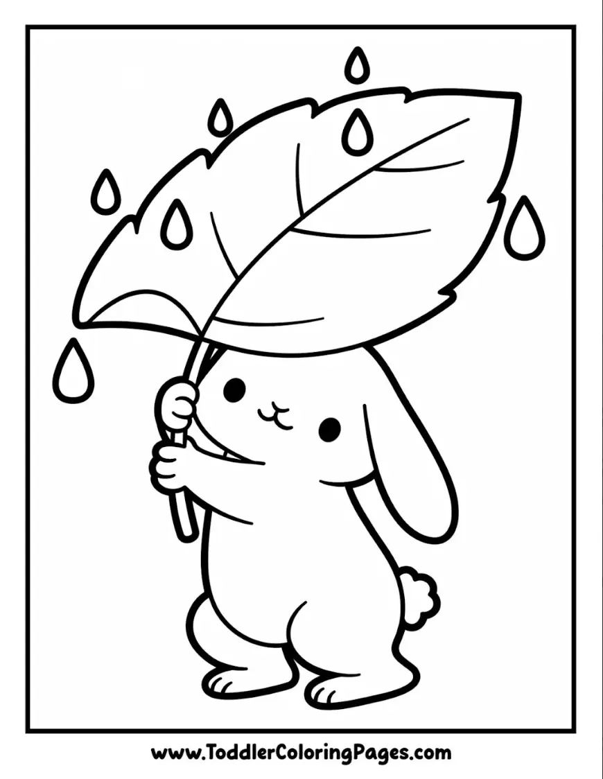 Bunny and Giant Leaf Umbrella coloring pages for kids