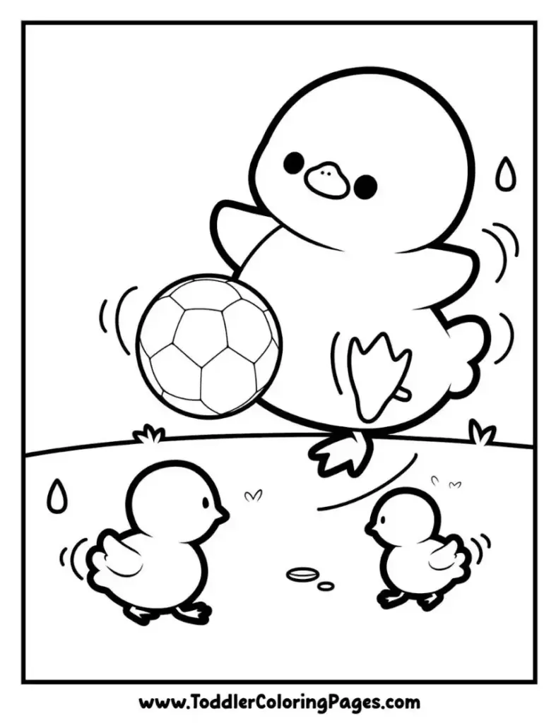 Duckling Playing Soccer Ball with Two Chicks coloring pages for kids