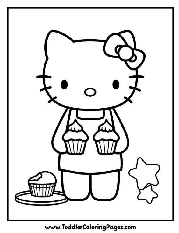 Hello Kitty Holding Cupcakes coloring pages