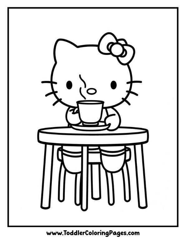 Hello Kitty Sipping Tea coloring pages