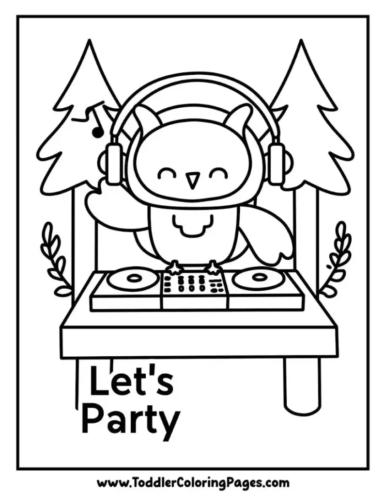 Owl DJ Party coloring page for kids